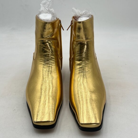 FOWT Gold Square Toe Side Zipper Ankle Boot Block Low Heel Short Boots Warm Boot - Picture 3 of 8